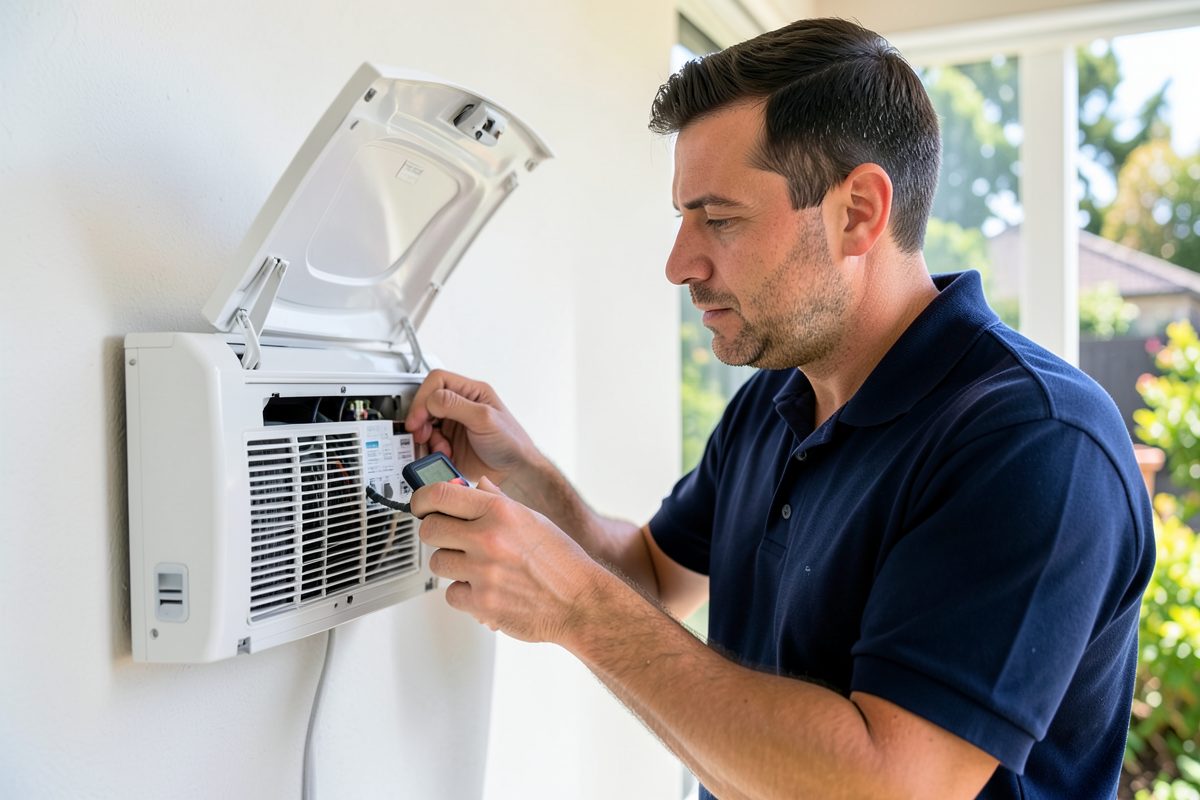 HVAC technician diagnosing a faulty split system with a multimeter in a Melbourne home
