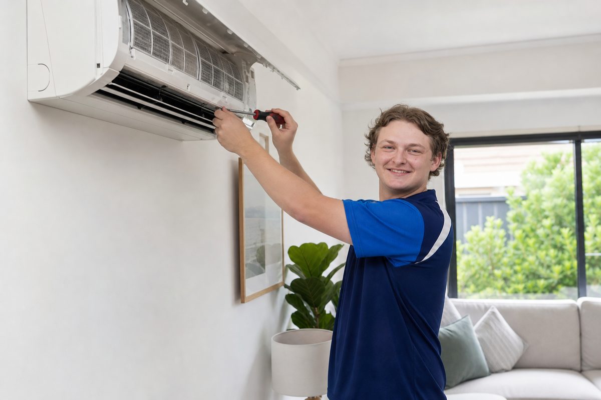 BM Heating and Cooling technician repairing a reverse cycle air conditioner in Melbourne