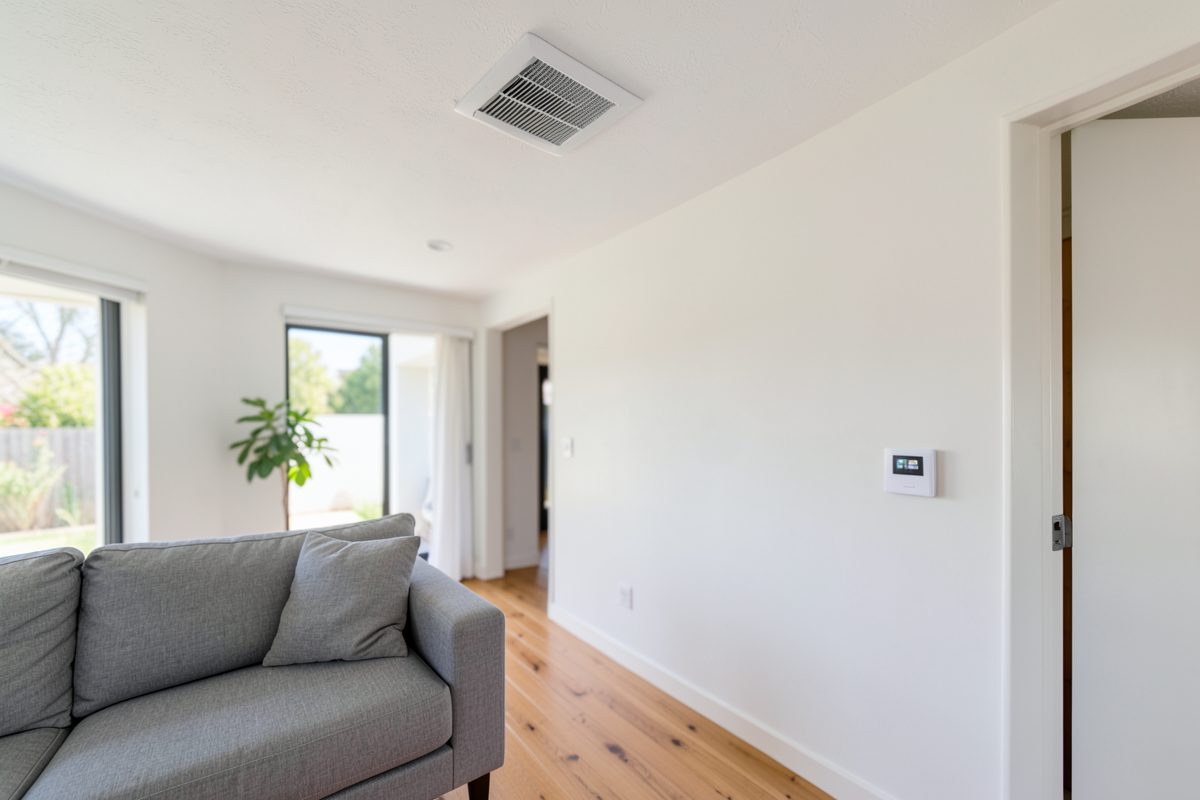 Modern Melbourne living room with a ceiling air conditioning vent and wall touchscreen zone controller
