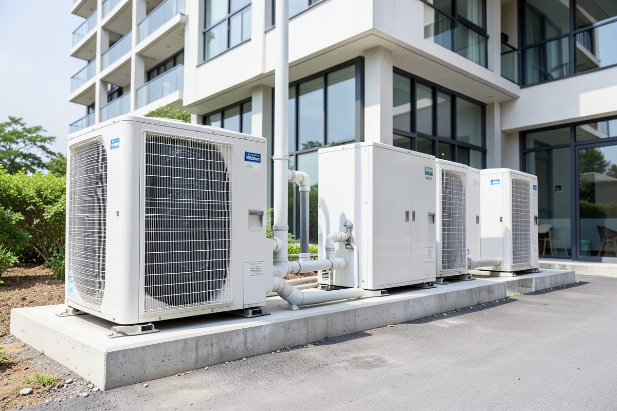Rinnai Mini VRF compact outdoor unit installed beside a townhouse