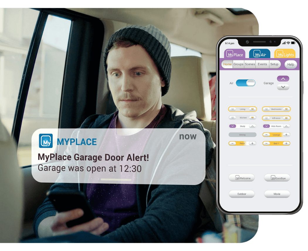 MyPlace smart home garage door alert on a phone