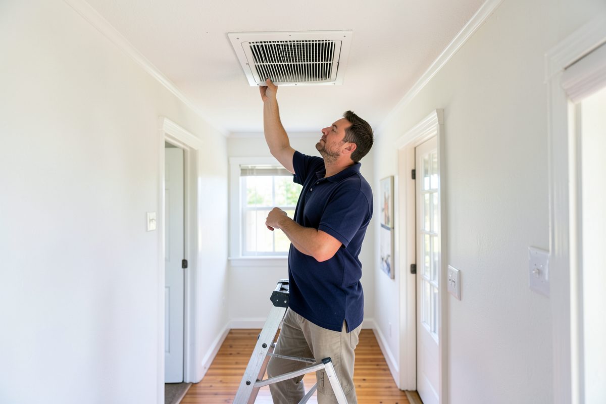 BM Heating technician checking the return air grille and filter on a ducted air conditioning system